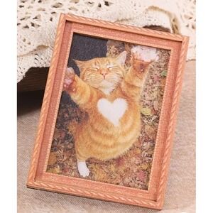Miniature Framed Ginger Tabby Cat with Heart Patch Art 3.1" x 2.4" Decor